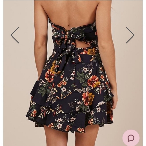 Showpo Navy Blue Floral Strapless Mini Dress Tie Back Ruffle 2 - Picture 12 of 12